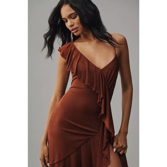 NWT By Anthropologie One-Shoulder Ruffled High-Low Midi Dress Sz XS Wine #8F504 - Picture 4 of 10